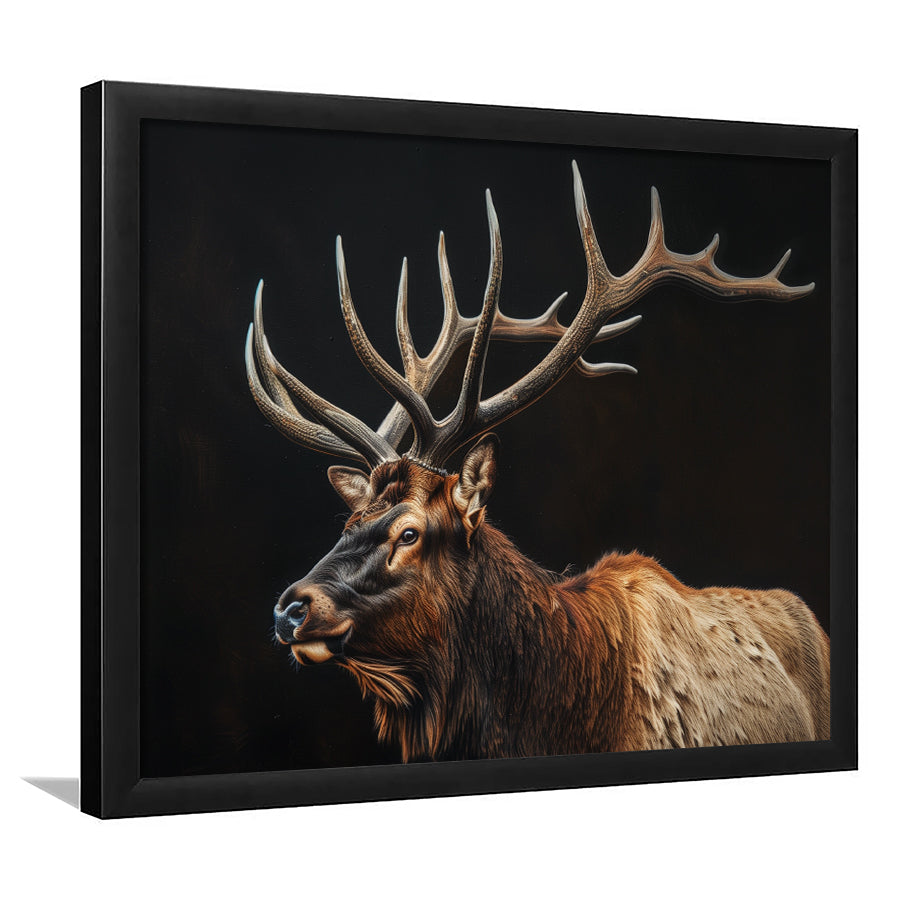 Portrait Elk With Antlers Black Background, Hunting Art Decor, Framed Art Print Wall Decor, Framed Picture