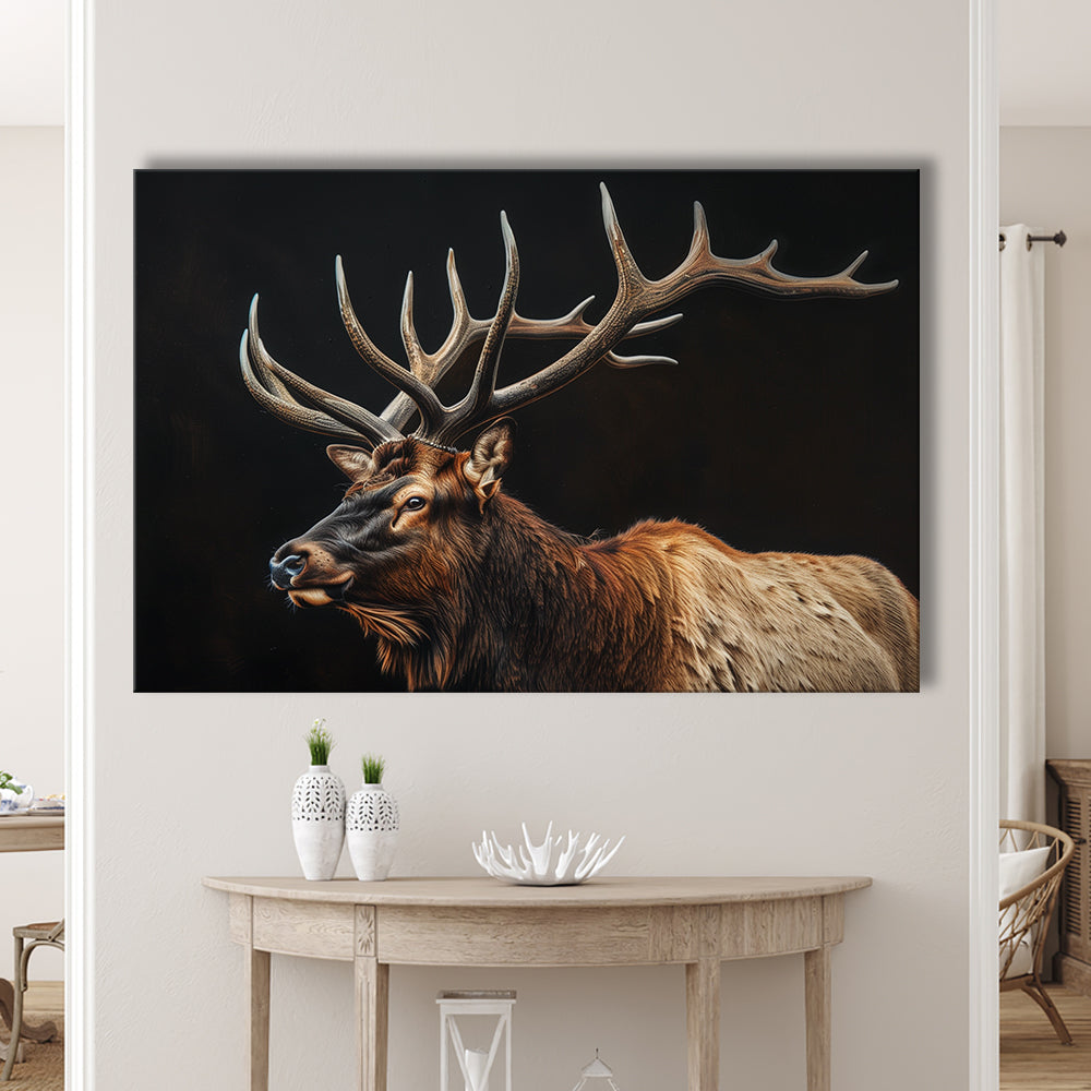 Portrait Elk With Antlers Black Background, Hunting Art Decor, Canvas Print Wall Art Home Decor