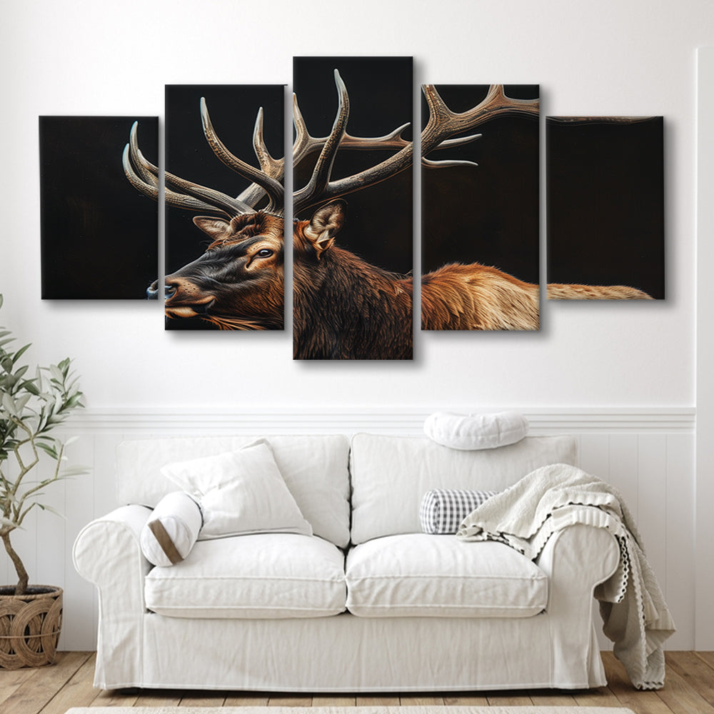Portrait Elk With Antlers Black Background, Hunting Art Decor, Mixed Panels Canvas Print Wall Art