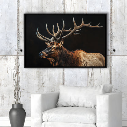 Portrait Elk With Antlers Black Background, Hunting Art Decor, Floating Framed Canvas Print Wall Art