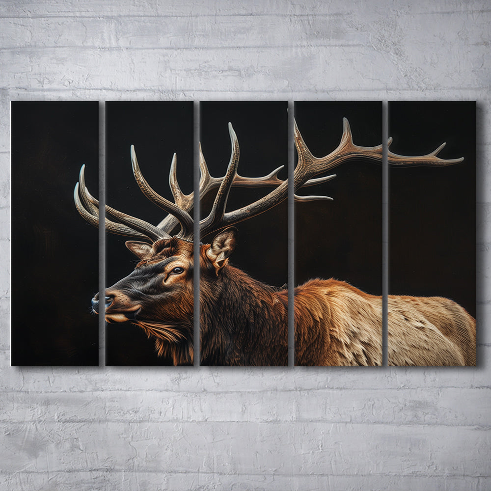 Portrait Elk With Antlers Black Background, Hunting Art, Multi Panels Canvas Print Wall Art