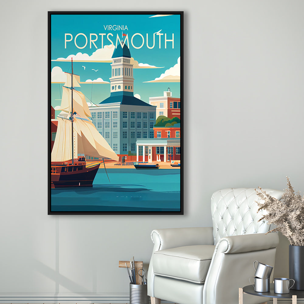 Portsmouth Virginia Retro Art Print, Portsmouth City Wall Art, Floating Framed Canvas Print, Framed Picture, Painting Canvas