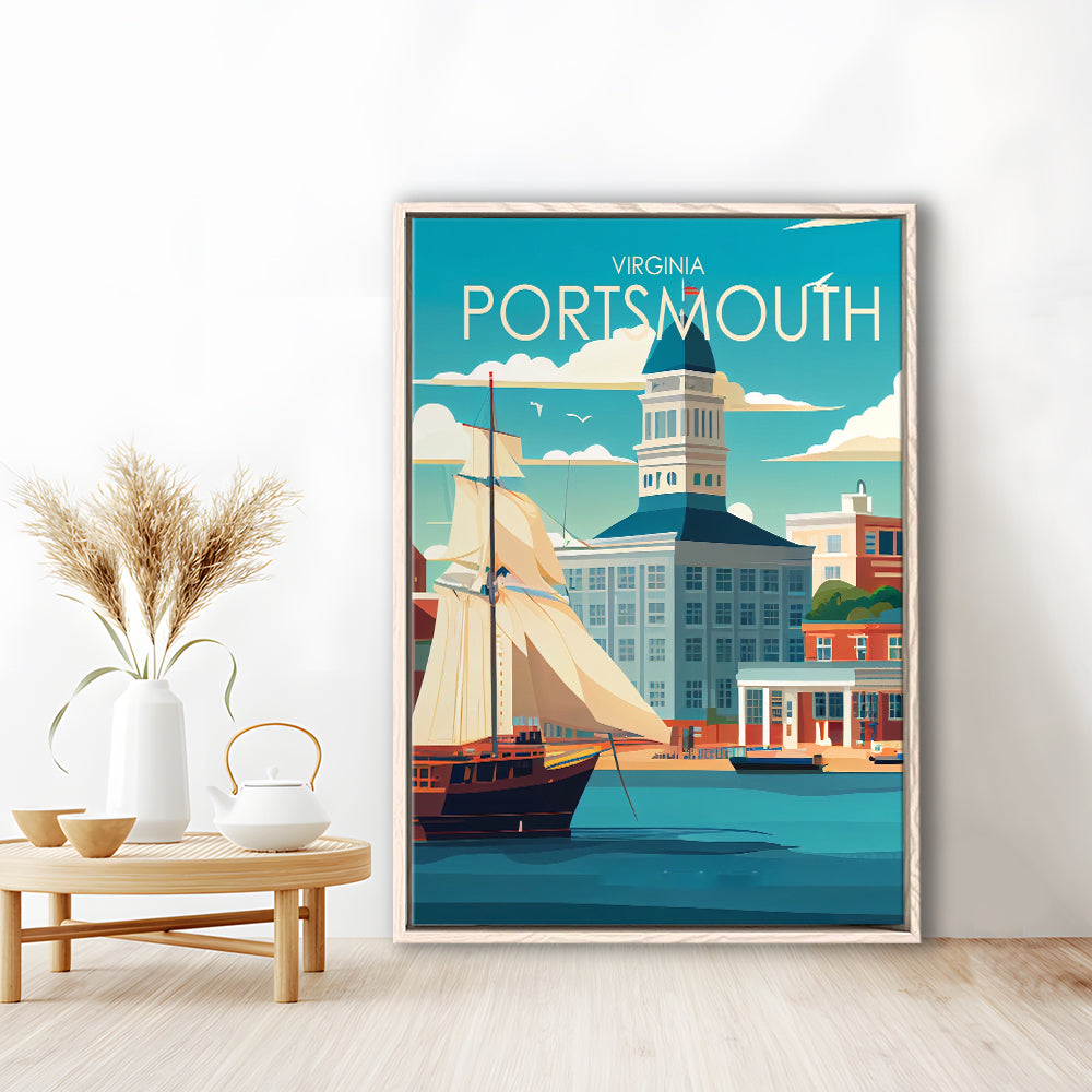 Portsmouth Virginia Retro Art Print, Portsmouth City Wall Art, Floating Framed Canvas Print, Framed Picture, Painting Canvas