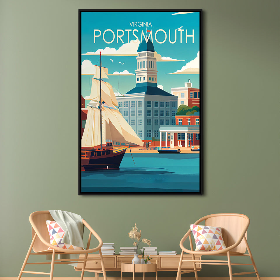 Portsmouth Virginia Retro Art Print, Portsmouth City Wall Art, Floating Framed Canvas Print, Framed Picture, Painting Canvas