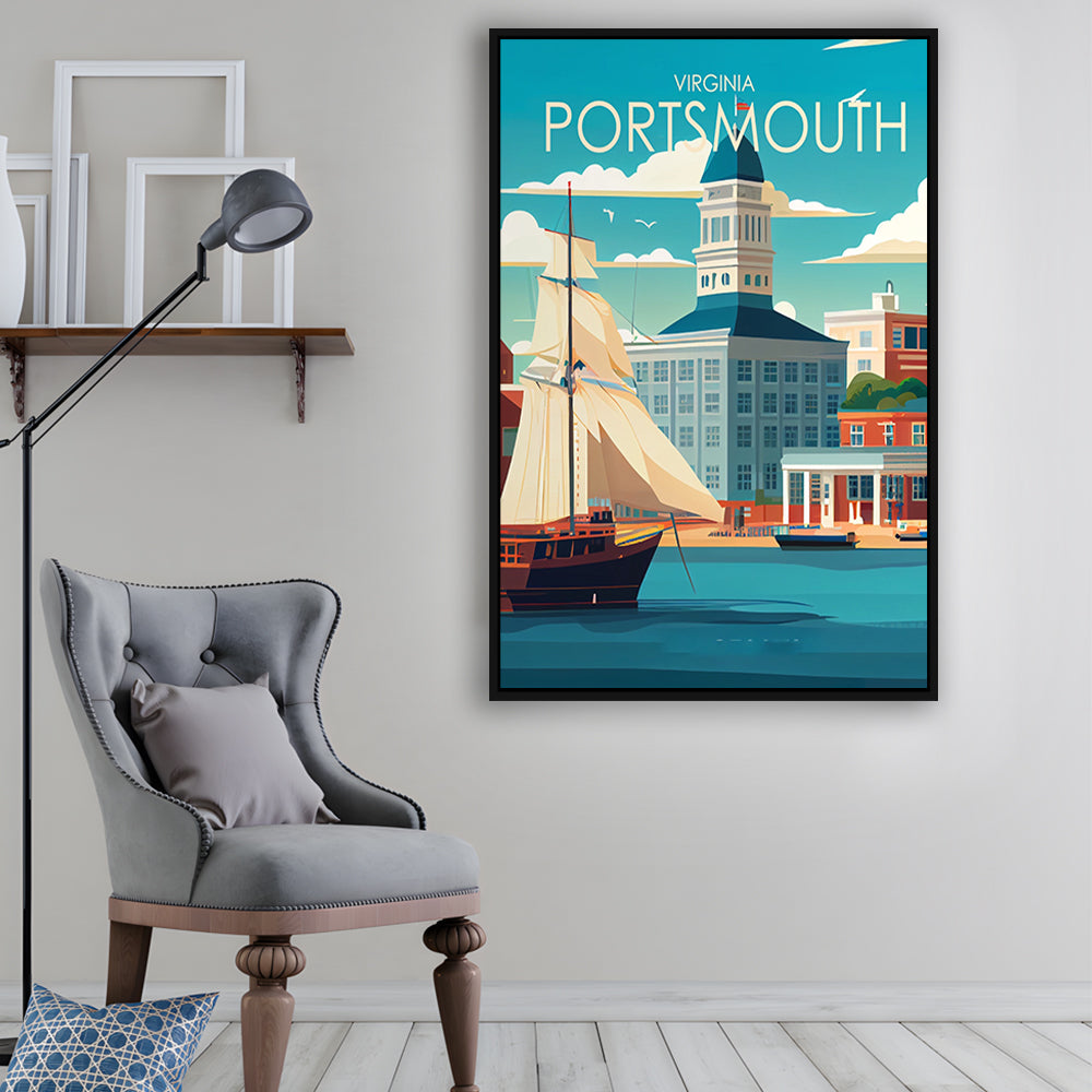Portsmouth Virginia Retro Art Print, Portsmouth City Wall Art, Floating Framed Canvas Print, Framed Picture, Painting Canvas