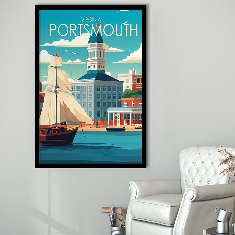 Portsmouth Virginia Retro Art Print, Portsmouth City Wall Art, Framed Art Print, Picture Framed, Painting Art