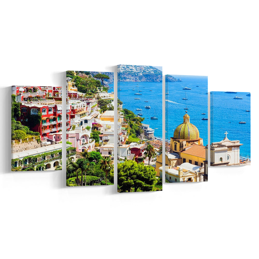 Positano Amalfi Coast Salerno Province Campania Italy Large Stretched Canvas, 5 Piece Large Cavas Print Wall Art