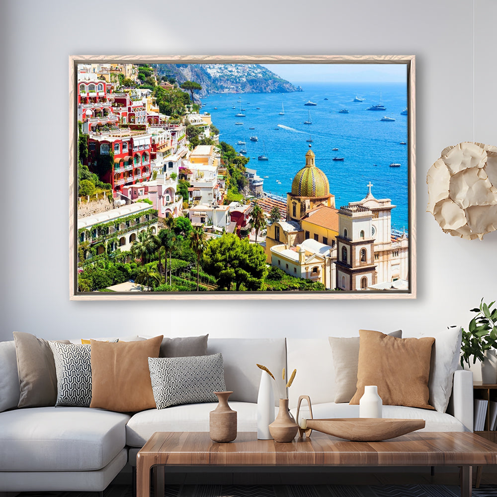 Positano Amalfi Coast Salerno Province Campania Italy Large Stretched Canvas, Framed Cavas Print, Floating Frame