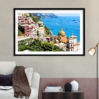 Positano Amalfi Coast Salerno Province Campania Italy Large Stretched, Framed Art Print White Border