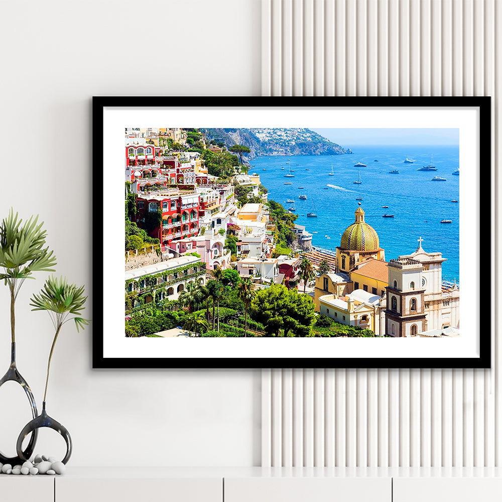 Positano Amalfi Coast Salerno Province Campania Italy Large Stretched, Framed Art Print White Border