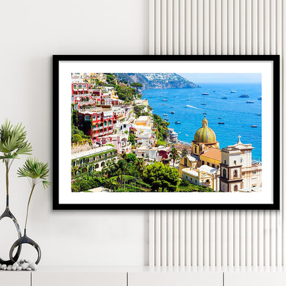 Positano Amalfi Coast Salerno Province Campania Italy Large Stretched, Framed Art Print White Border