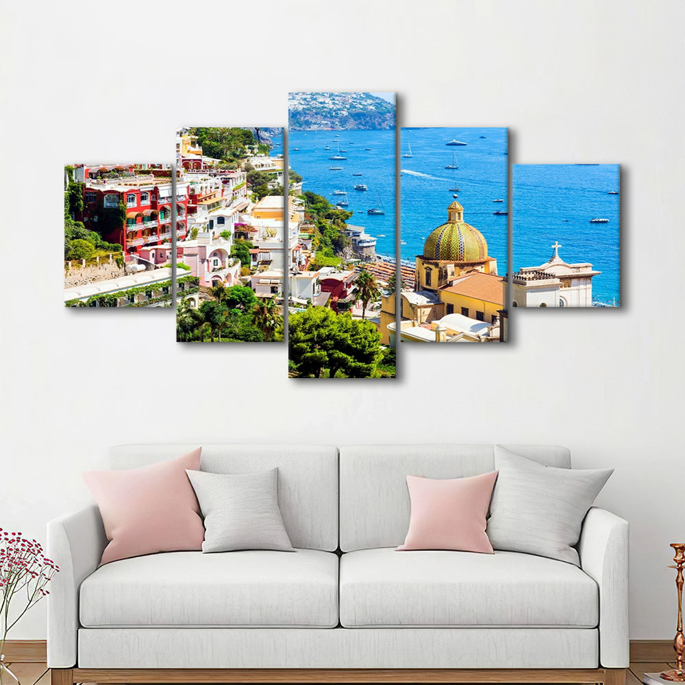 Positano Amalfi Coast Salerno Province Campania Italy Large Stretched Canvas, 5 Piece Large Cavas Print Wall Art