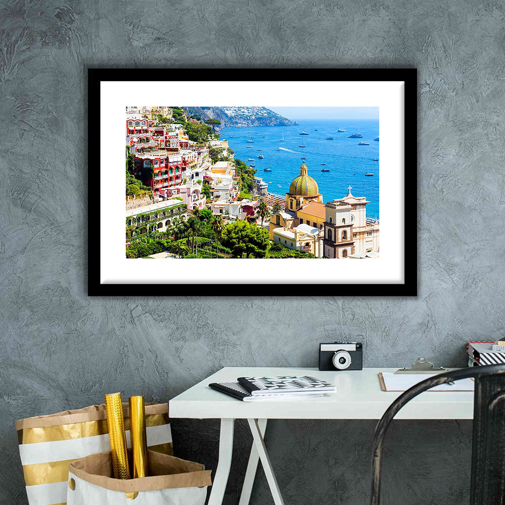 Positano Amalfi Coast Salerno Province Campania Italy Large Stretched, Framed Art Print White Border