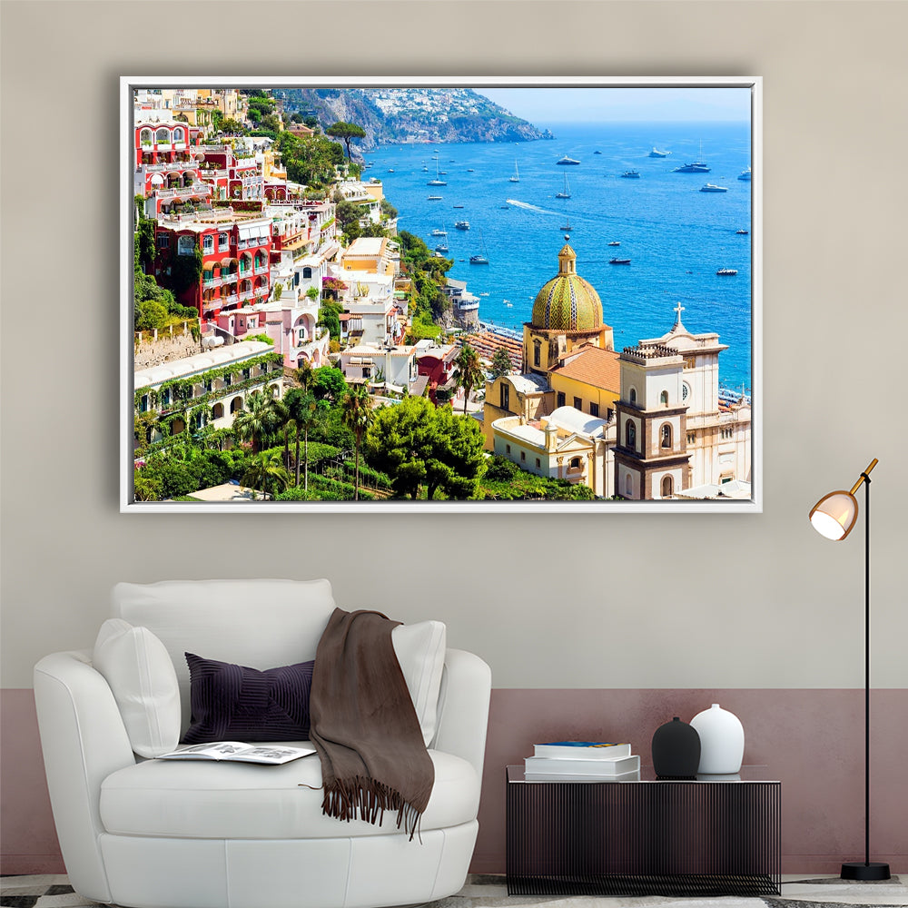 Positano Amalfi Coast Salerno Province Campania Italy Large Stretched Canvas, Framed Cavas Print, Floating Frame