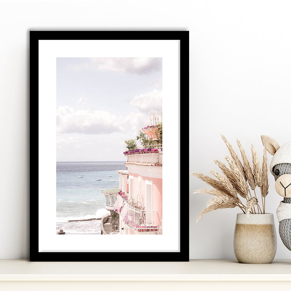 Positano Beach Print, Coastal Print, Pink Print  Beach Photography, Framed Art Prints White Border Wall Decor