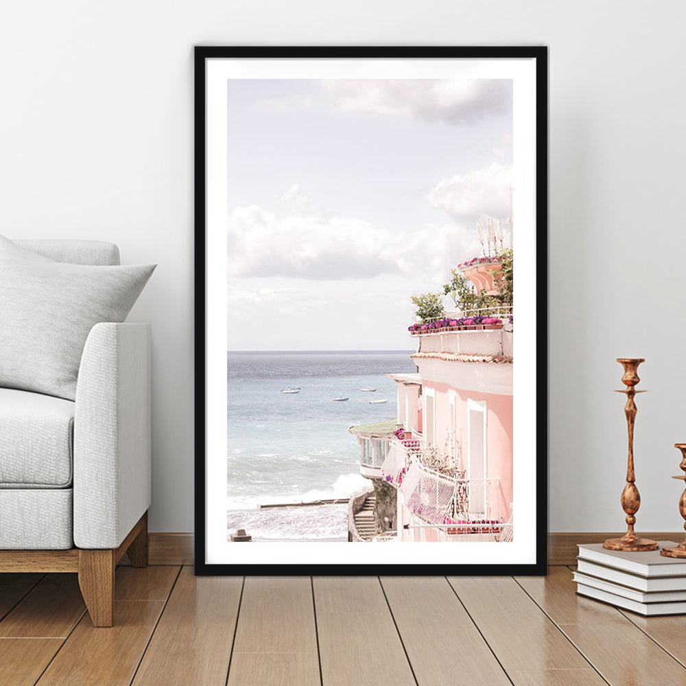 Positano Beach Print, Coastal Print, Pink Print  Beach Photography, Framed Art Prints White Border Wall Decor