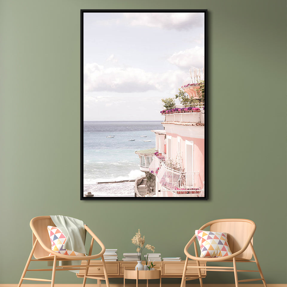 Positano Beach Print, Coastal Print, Pink Print  Beach Photography, Framed Canvas Prints Wall Art