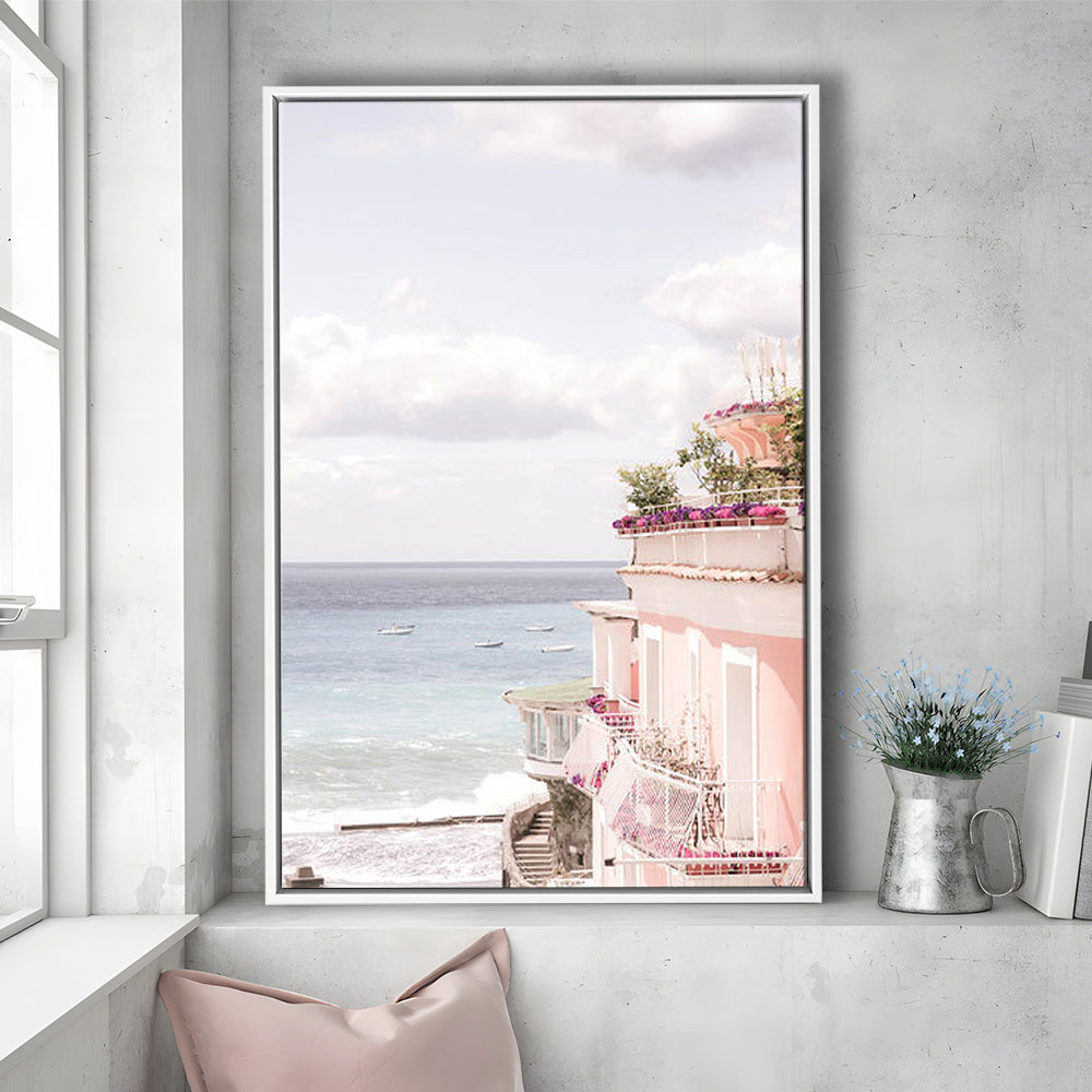Positano Beach Print, Coastal Print, Pink Print  Beach Photography, Framed Canvas Prints Wall Art
