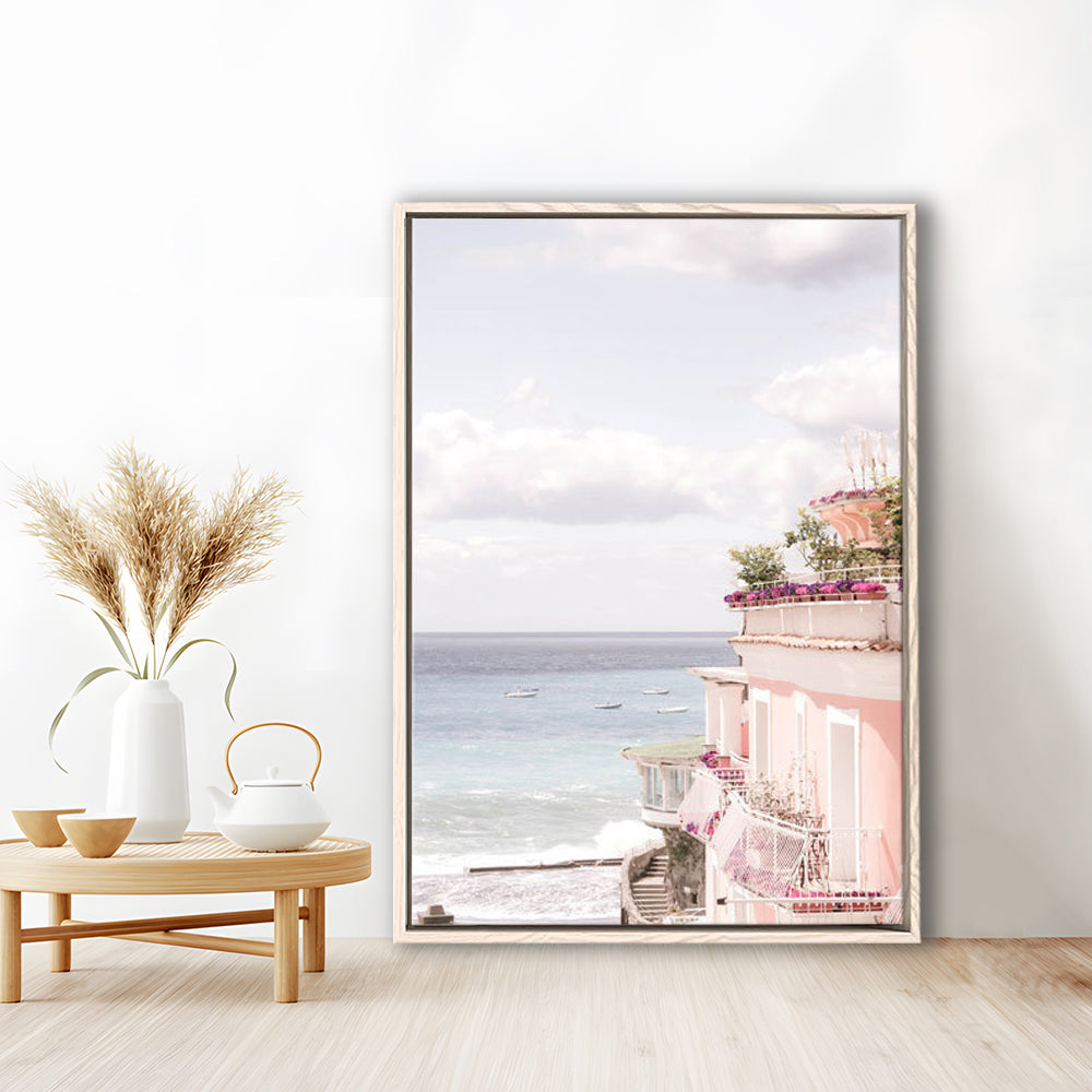 Positano Beach Print, Coastal Print, Pink Print  Beach Photography, Framed Canvas Prints Wall Art