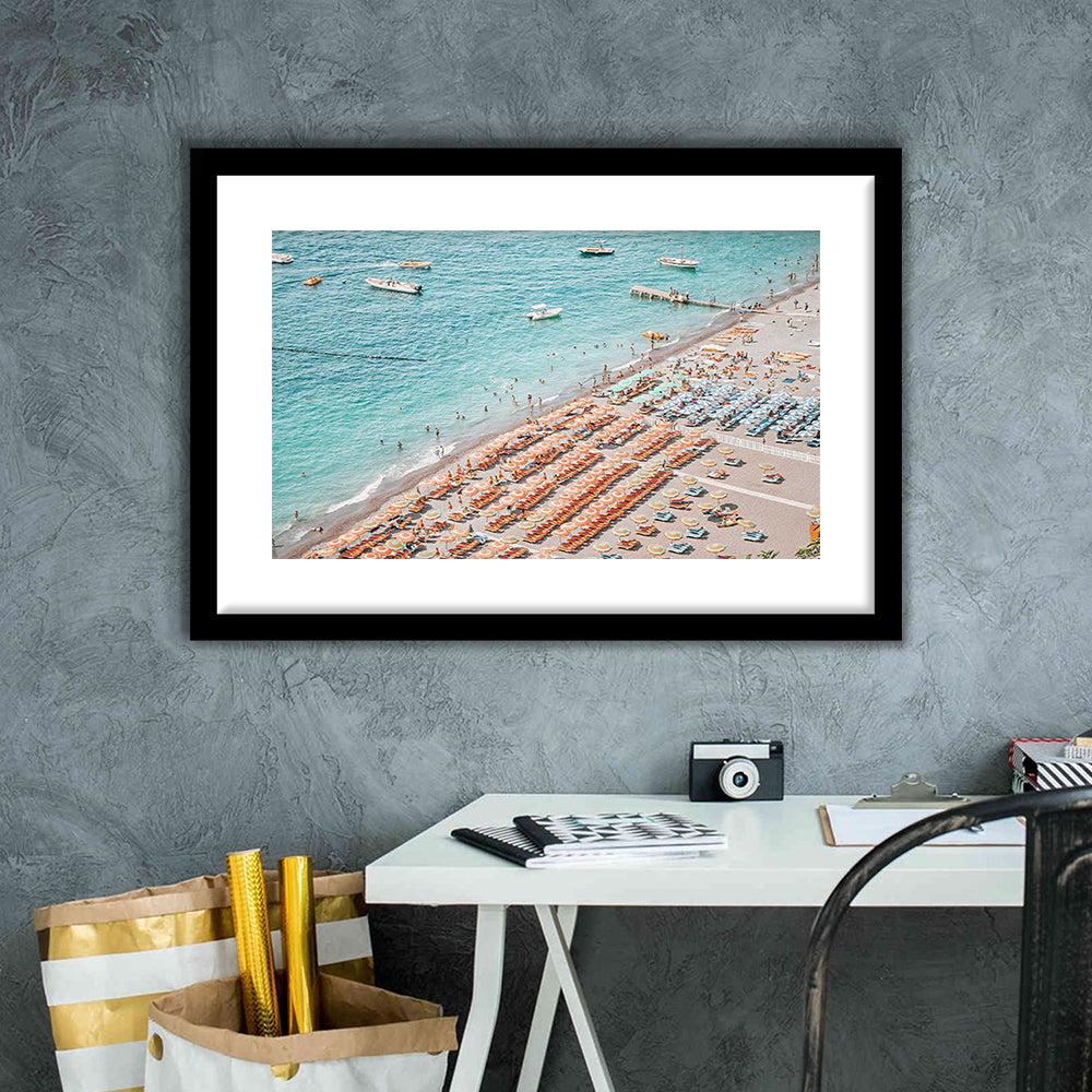 Positano Beach Umbrella, Framed  Print, Painting Art, Framed Art Print White Border Wall Decor