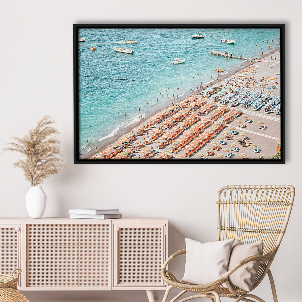 Positano Beach Umbrella, Framed Canvas Print, Painting Art, Floating Framed Canvas Print Wall Art