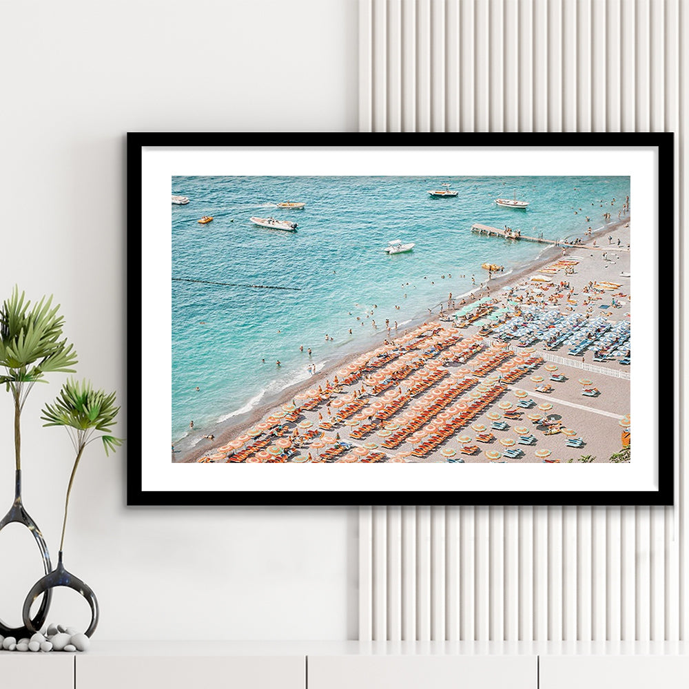 Positano Beach Umbrella, Framed  Print, Painting Art, Framed Art Print White Border Wall Decor