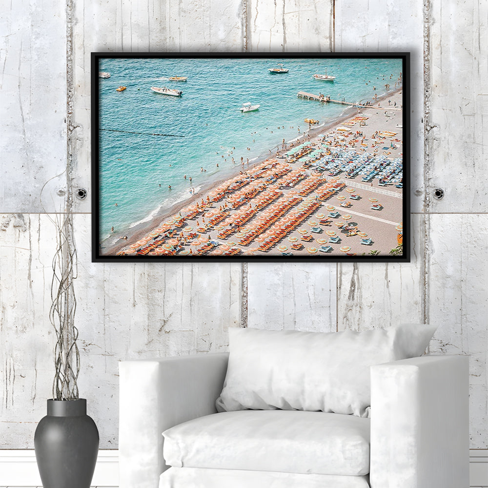 Positano Beach Umbrella, Framed Canvas Print, Painting Art, Floating Framed Canvas Print Wall Art