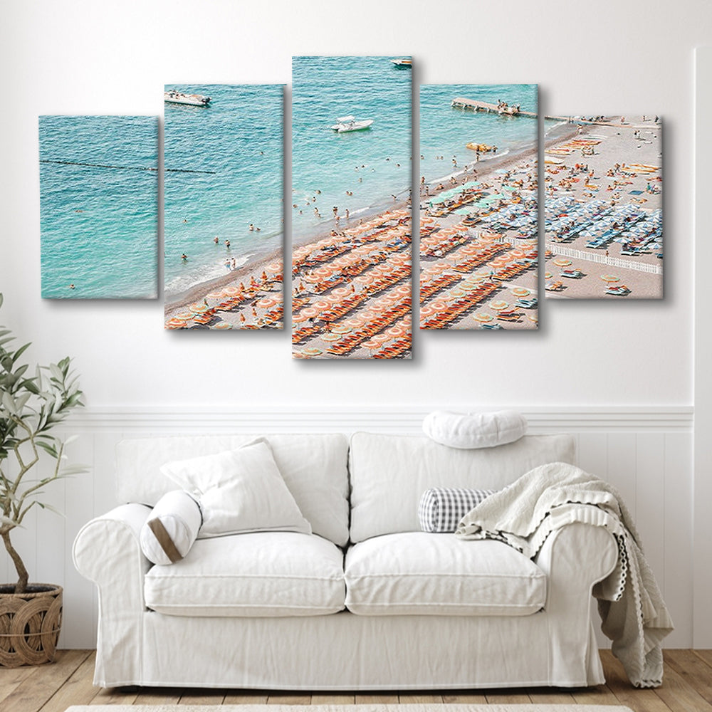 Positano Beach Umbrella, Canvas Art Decor Print, Painting Art, Mixed Panels Canvas Print Wall Art