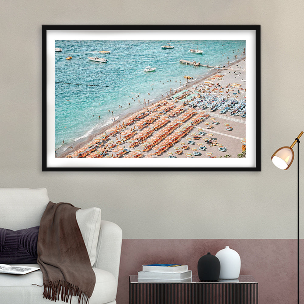 Positano Beach Umbrella, Framed  Print, Painting Art, Framed Art Print White Border Wall Decor