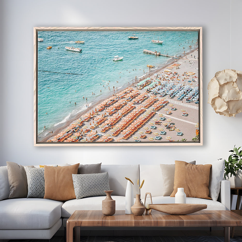 Positano Beach Umbrella, Framed Canvas Print, Painting Art, Floating Framed Canvas Print Wall Art