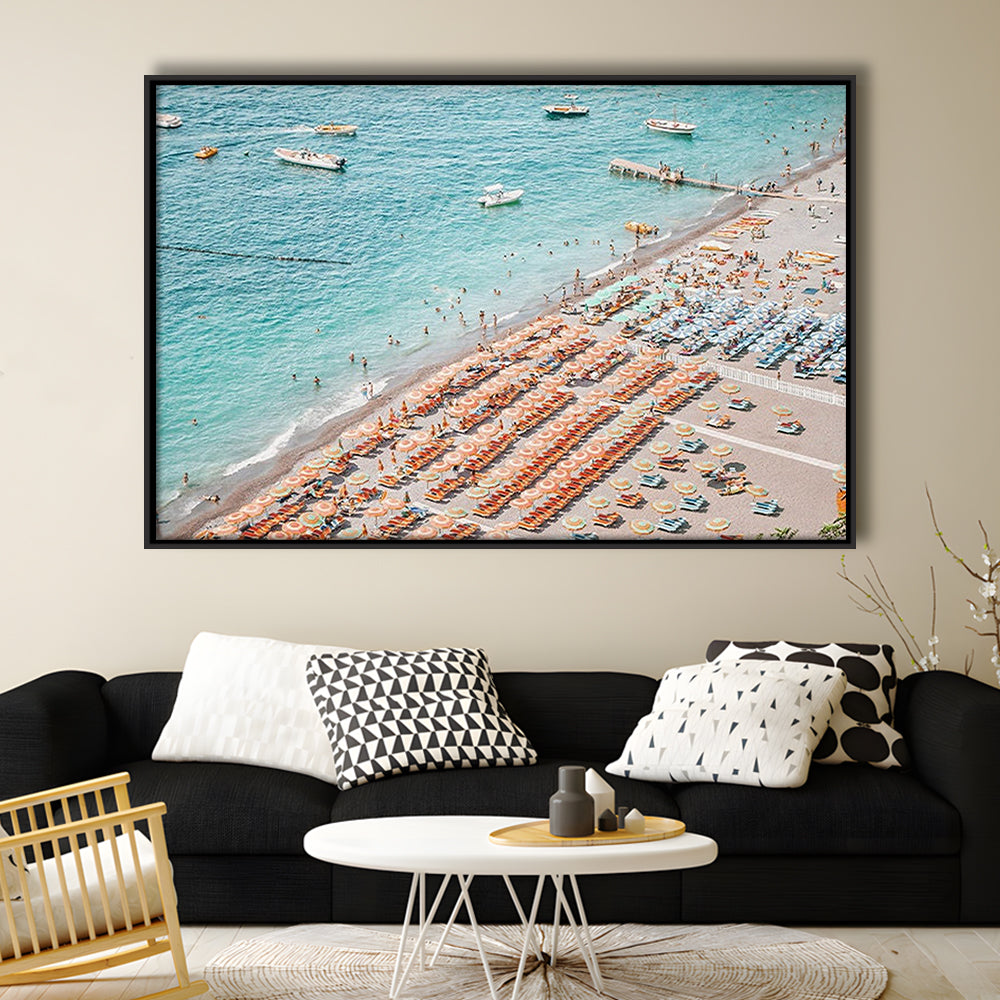 Positano Beach Umbrella, Framed Canvas Print, Painting Art, Floating Framed Canvas Print Wall Art