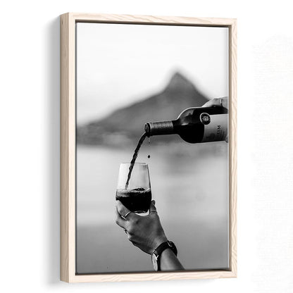 Pouring Wine Into Glass Framed Canvas Print Wall Art, Women Drinking Prints, Black and Whites, Alcohol Wall Art, Red Wine
