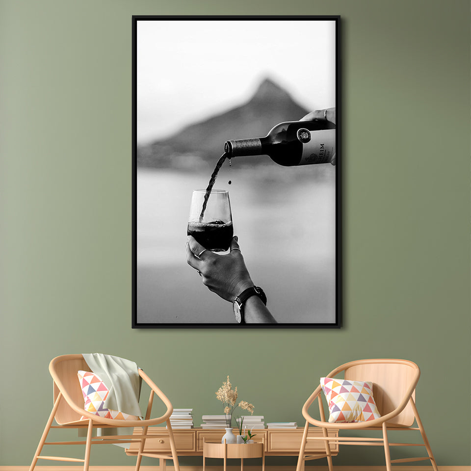 Pouring Wine Into Glass Framed Canvas Print Wall Art, Women Drinking Prints, Black and Whites, Alcohol Wall Art, Red Wine