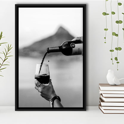Pouring Wine Into Glass Framed Canvas Print Wall Art, Women Drinking Prints, Black and Whites, Alcohol Wall Art, Red Wine