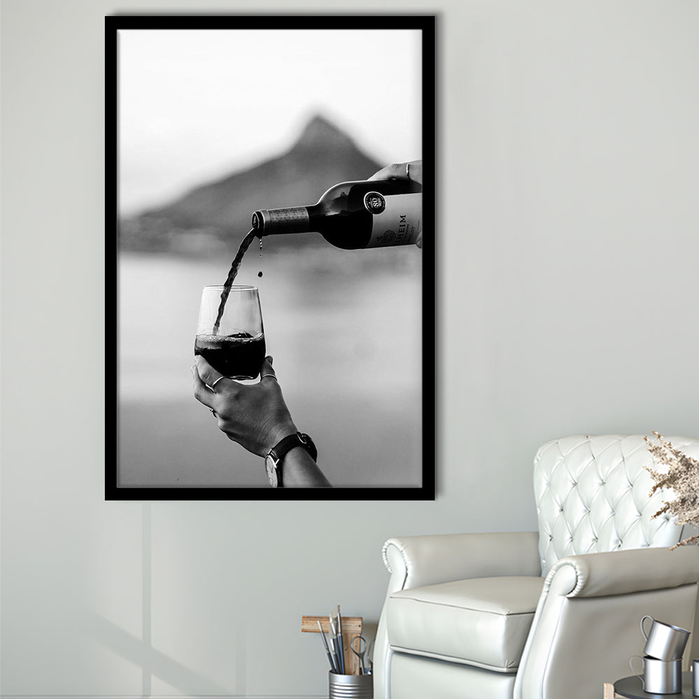 Pouring Wine Into Glass Framed Art Print Wall Decor, Women Drinking Prints, Black and Whites, Alcohol Wall Art, Red Wine