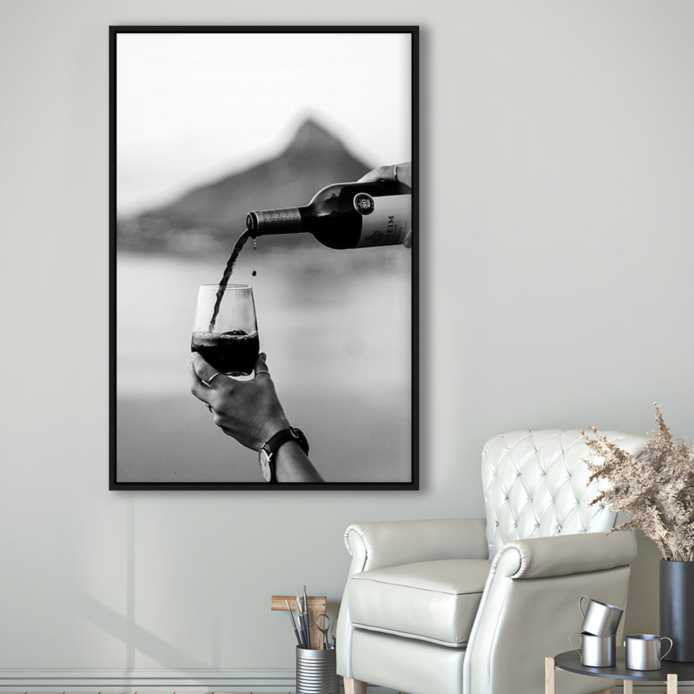 Pouring Wine Into Glass Framed Canvas Print Wall Art, Women Drinking Prints, Black and Whites, Alcohol Wall Art, Red Wine