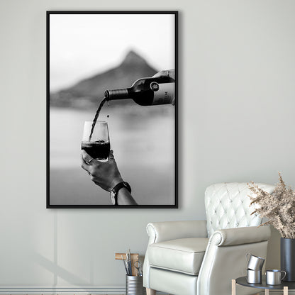 Pouring Wine Into Glass Framed Canvas Print Wall Art, Women Drinking Prints, Black and Whites, Alcohol Wall Art, Red Wine