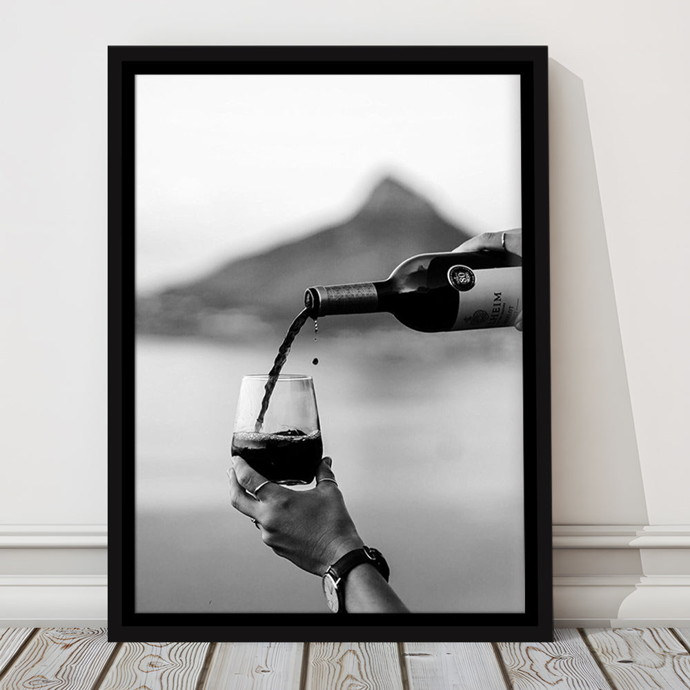Pouring Wine Into Glass Framed Canvas Print Wall Art, Women Drinking Prints, Black and Whites, Alcohol Wall Art, Red Wine