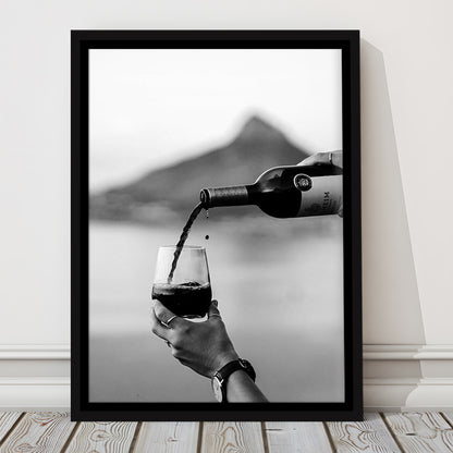 Pouring Wine Into Glass Framed Canvas Print Wall Art, Women Drinking Prints, Black and Whites, Alcohol Wall Art, Red Wine