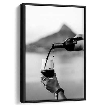 Pouring Wine Into Glass Framed Canvas Print Wall Art, Women Drinking Prints, Black and Whites, Alcohol Wall Art, Red Wine