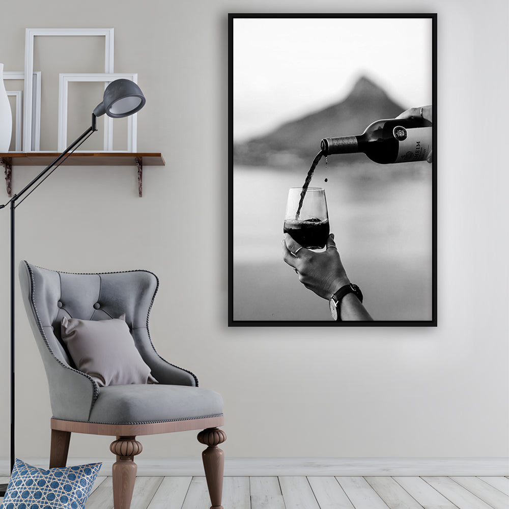 Pouring Wine Into Glass Framed Canvas Print Wall Art, Women Drinking Prints, Black and Whites, Alcohol Wall Art, Red Wine