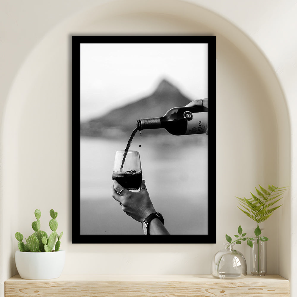 Pouring Wine Into Glass Framed Art Print Wall Decor, Women Drinking Prints, Black and Whites, Alcohol Wall Art, Red Wine