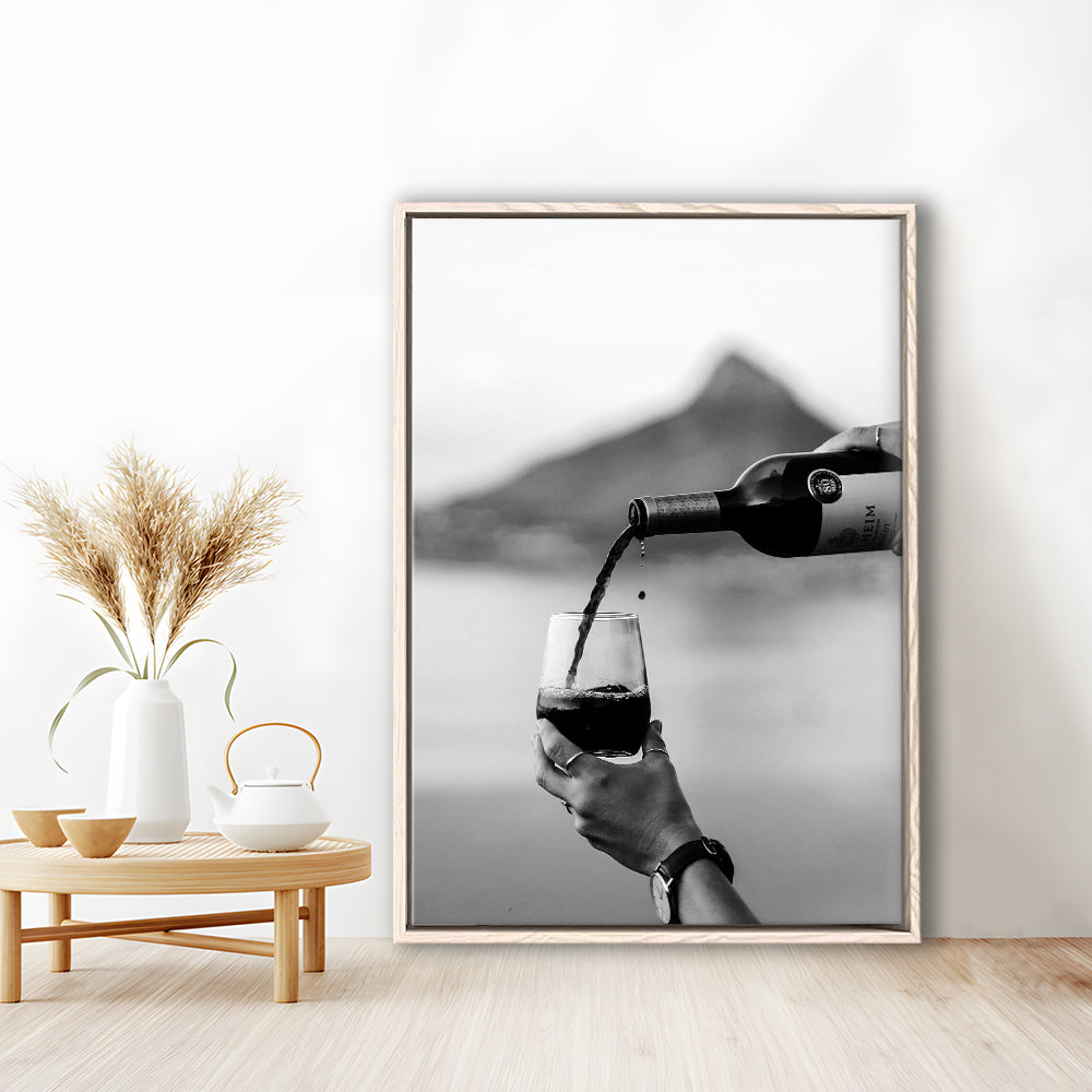 Pouring Wine Into Glass Framed Canvas Print Wall Art, Women Drinking Prints, Black and Whites, Alcohol Wall Art, Red Wine