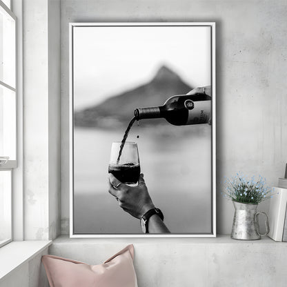Pouring Wine Into Glass Framed Canvas Print Wall Art, Women Drinking Prints, Black and Whites, Alcohol Wall Art, Red Wine