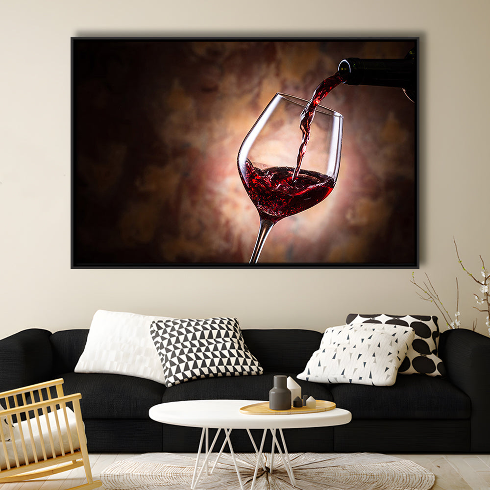 Pouring Wine Into A Glass Canvas, Red Wine Wall Art, Decor For Dining, Framed Cavas Print, Floating Frame