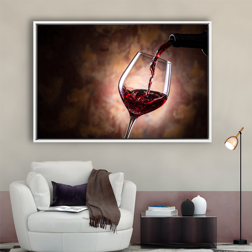 Pouring Wine Into A Glass Canvas, Red Wine Wall Art, Decor For Dining, Framed Cavas Print, Floating Frame