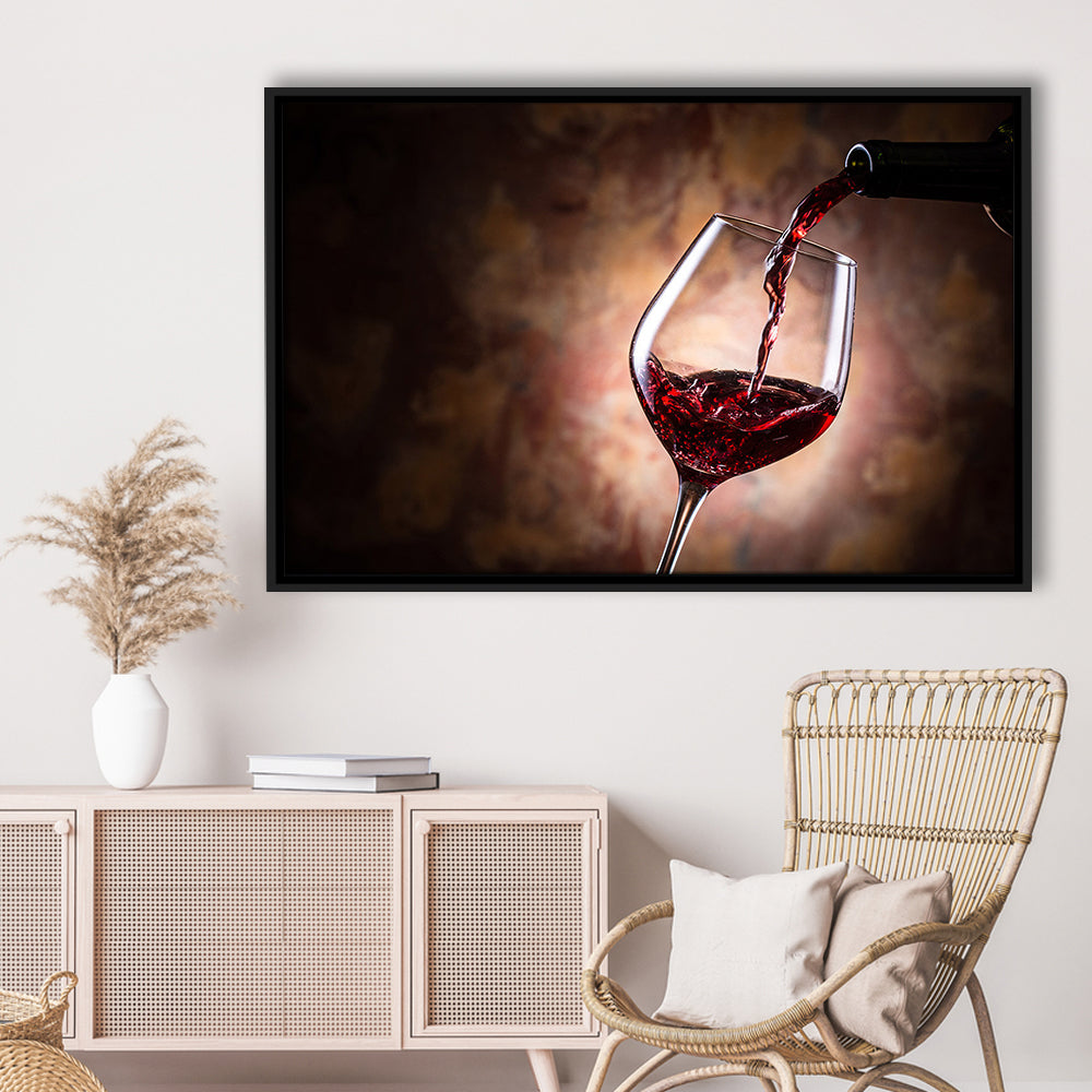 Pouring Wine Into A Glass Canvas, Red Wine Wall Art, Decor For Dining, Framed Cavas Print, Floating Frame
