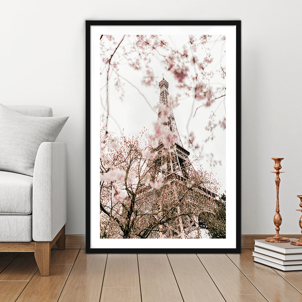 Printable Paris Wall Print Paris Photography Print Eiffel Tower Paris Blossom Print, Framed Art Prints White Border Wall Decor