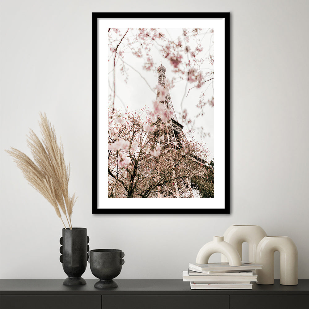 Printable Paris Wall Print Paris Photography Print Eiffel Tower Paris Blossom Print, Framed Art Prints White Border Wall Decor