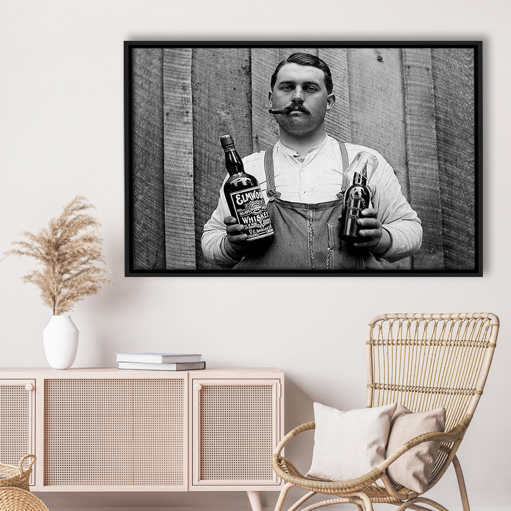 Prohibition Whiskey, Black and White, Speakeasy Decor, Cocktail, Man Cave Decor, Floating Framed Canvas Print